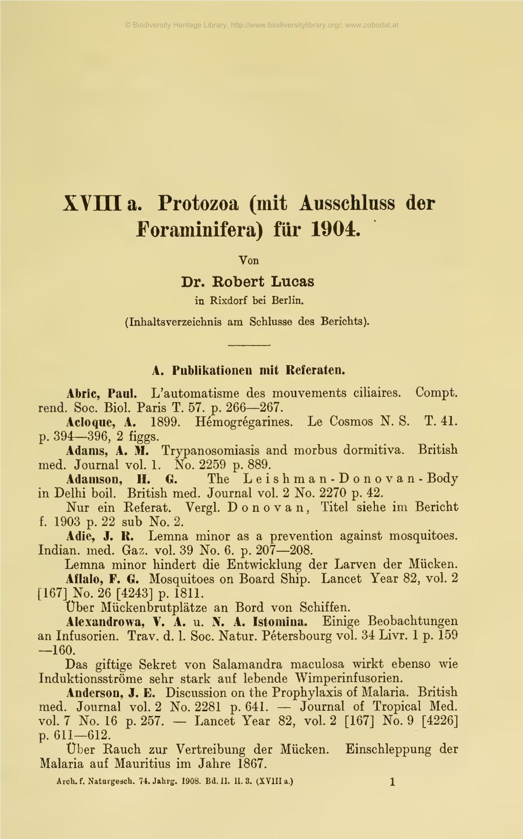 Xvnia. Protozoa (Mit Ausschluss Der Foraminifera) Für 1904