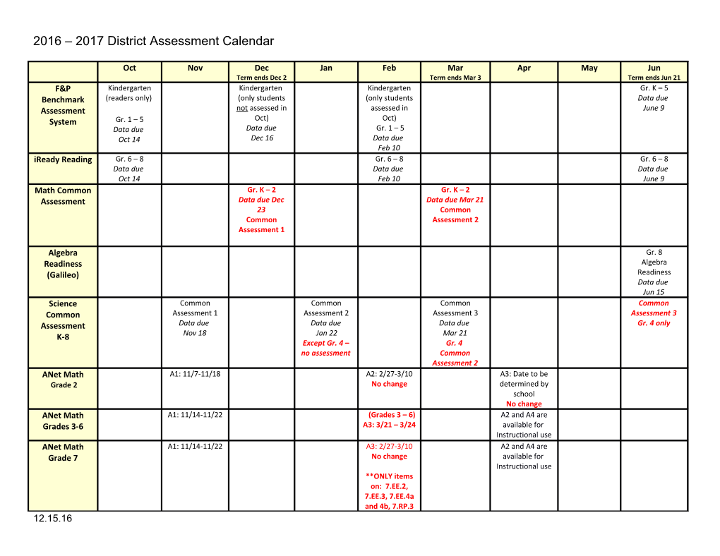 2016 2017 District Assessment Calendar