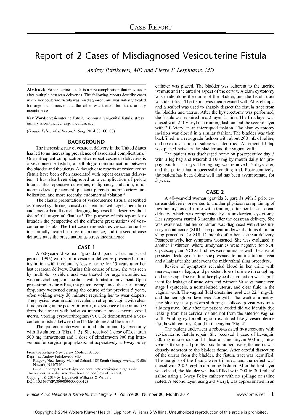 Report of 2 Cases of Misdiagnosed Vesicouterine Fistula