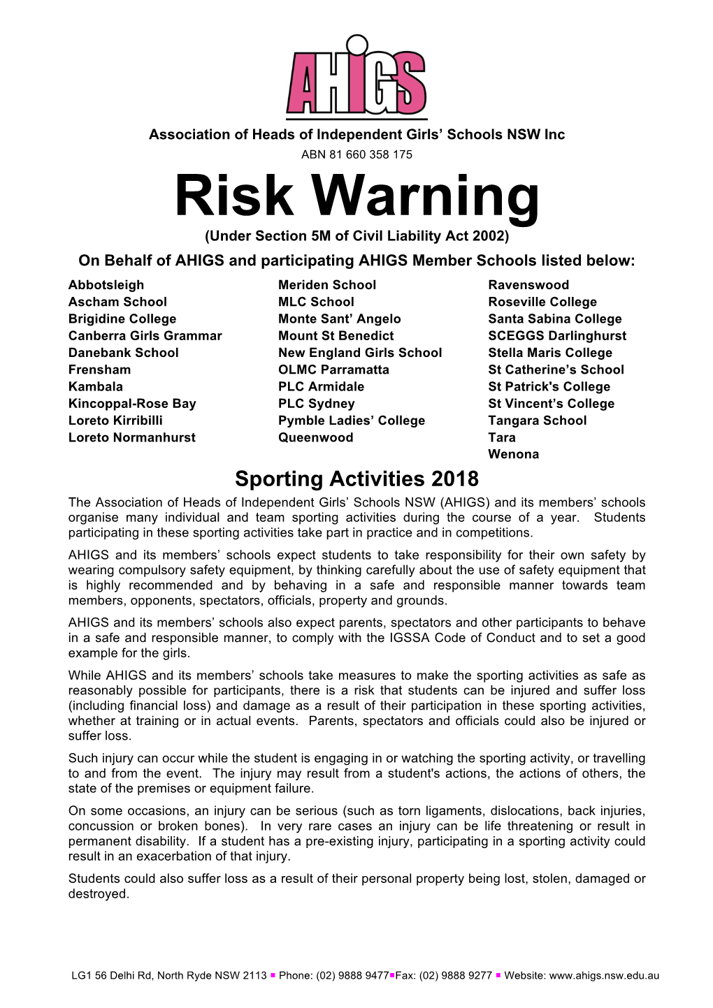 Venue Risk Warning Website Sporting Activities