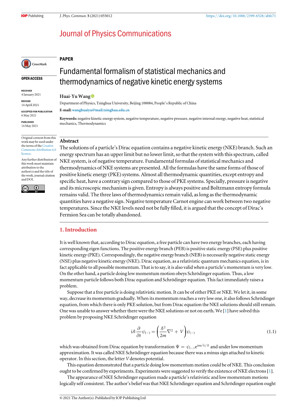 Fundamental Formalism of Statistical Mechanics and OPEN ACCESS Thermodynamics of Negative Kinetic Energy Systems