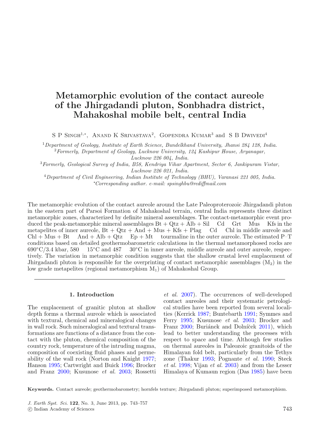 Metamorphic Evolution of the Contact Aureole of the Jhirgadandi Pluton, Sonbhadra District, Mahakoshal Mobile Belt, Central India