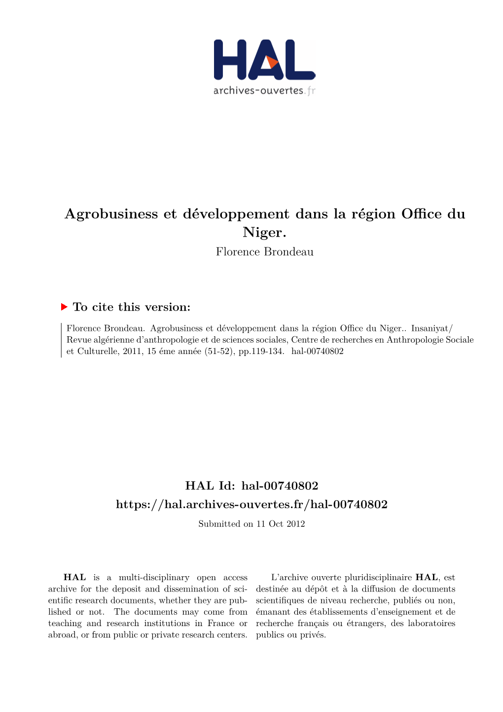 Agrobusiness Et Développement Dans La Région Office Du Niger