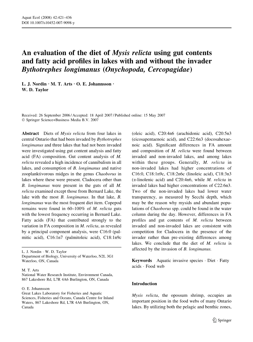 An Evaluation of the Diet of Mysis Relicta Using Gut Contents and Fatty