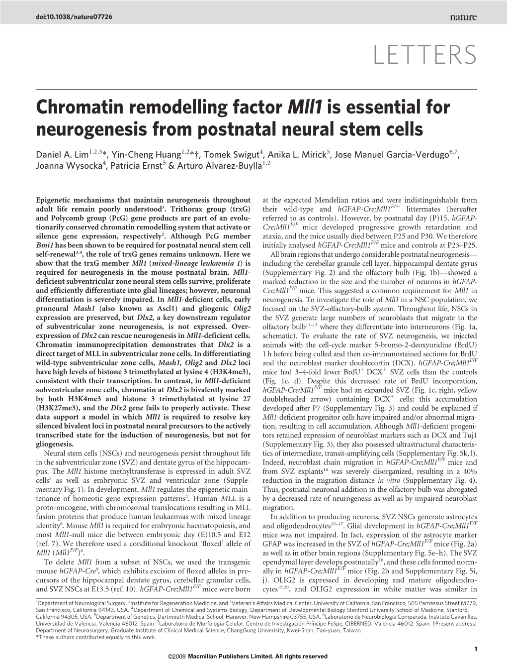 Chromatin Remodelling Factor Mll1 Is Essential for Neurogenesis from Postnatal Neural Stem Cells