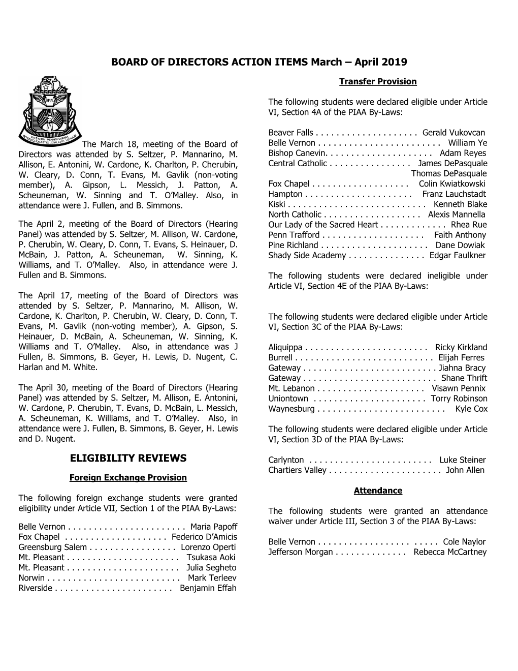 BOARD of CONTROL ACTION ITEMS DECEMBER 15, 2008 And