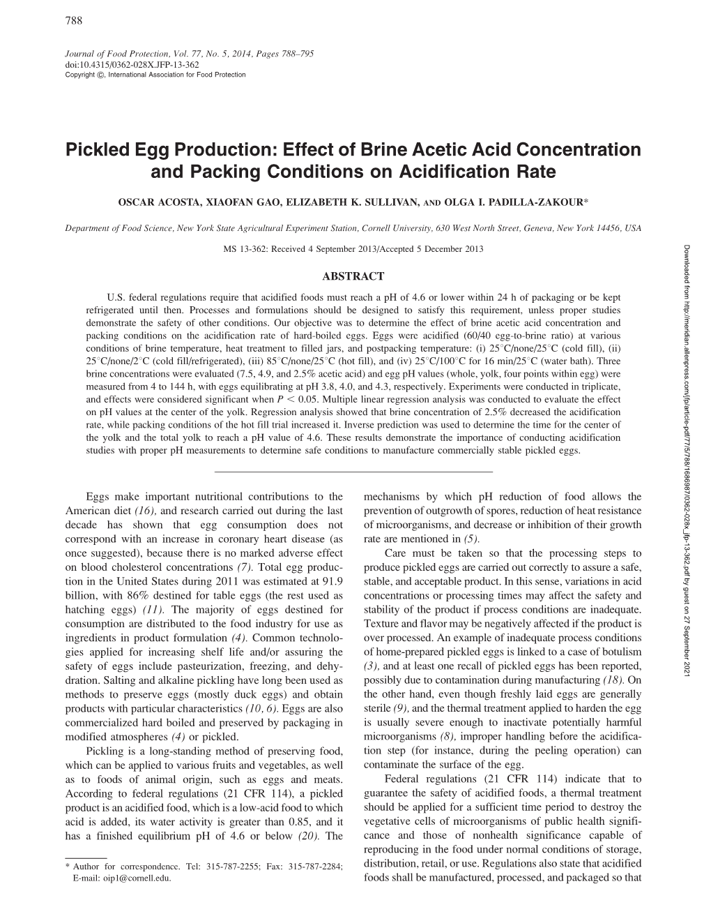 Pickled Egg Production: Effect of Brine Acetic Acid Concentration and Packing Conditions on Acidification Rate