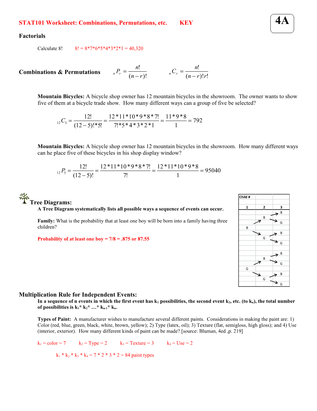 STAT101 Worksheet: Combinations, Permutations, Etc. KEY