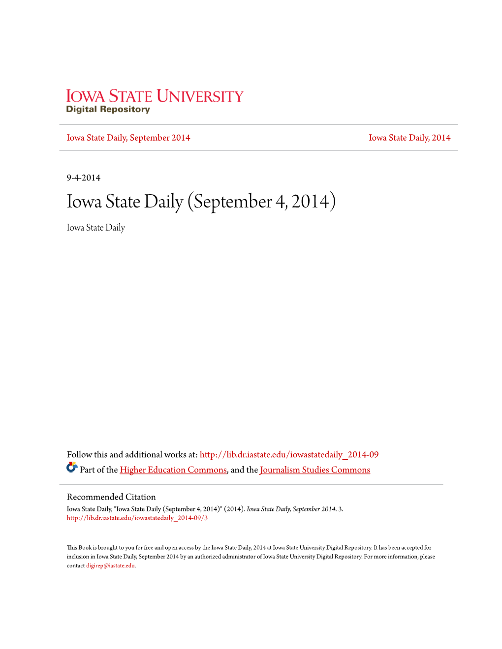 A State Daily, September 2014 Iowa State Daily, 2014