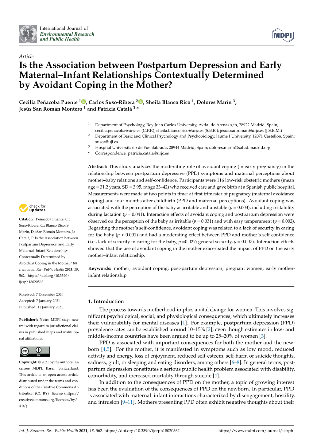 Is the Association Between Postpartum Depression and Early Maternal–Infant Relationships Contextually Determined by Avoidant Coping in the Mother?