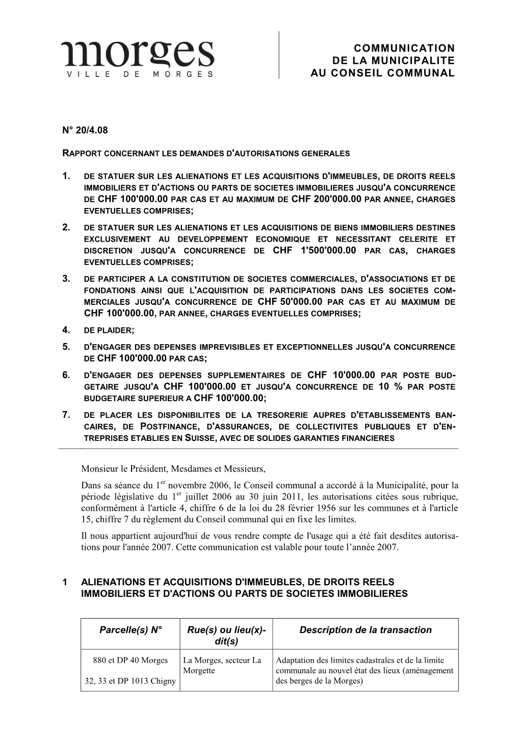 Communication De La Municipalite Au Conseil Communal