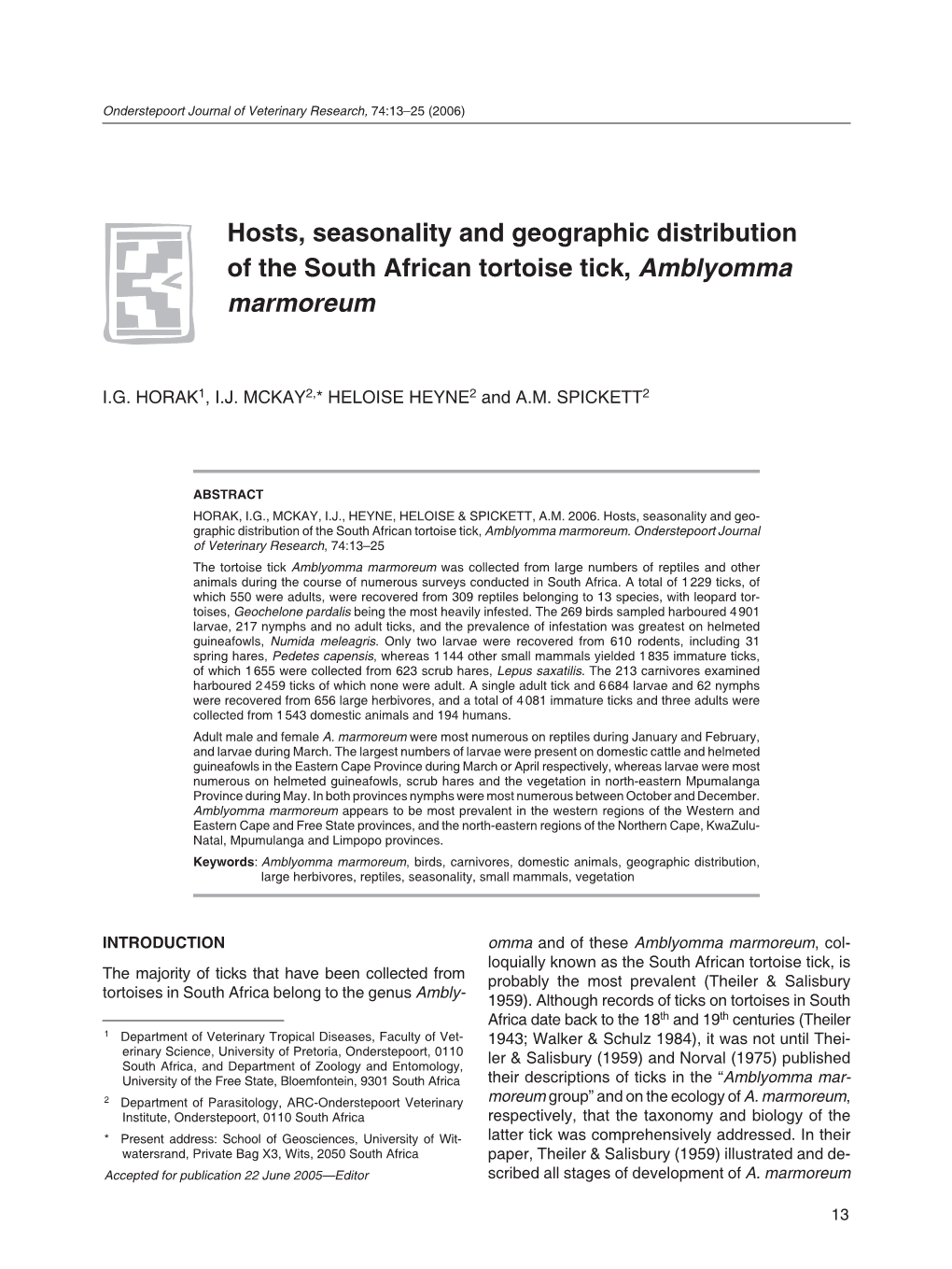 Hosts, Seasonality and Geographic Distribution of the South African Tortoise Tick, Amblyomma Marmoreum