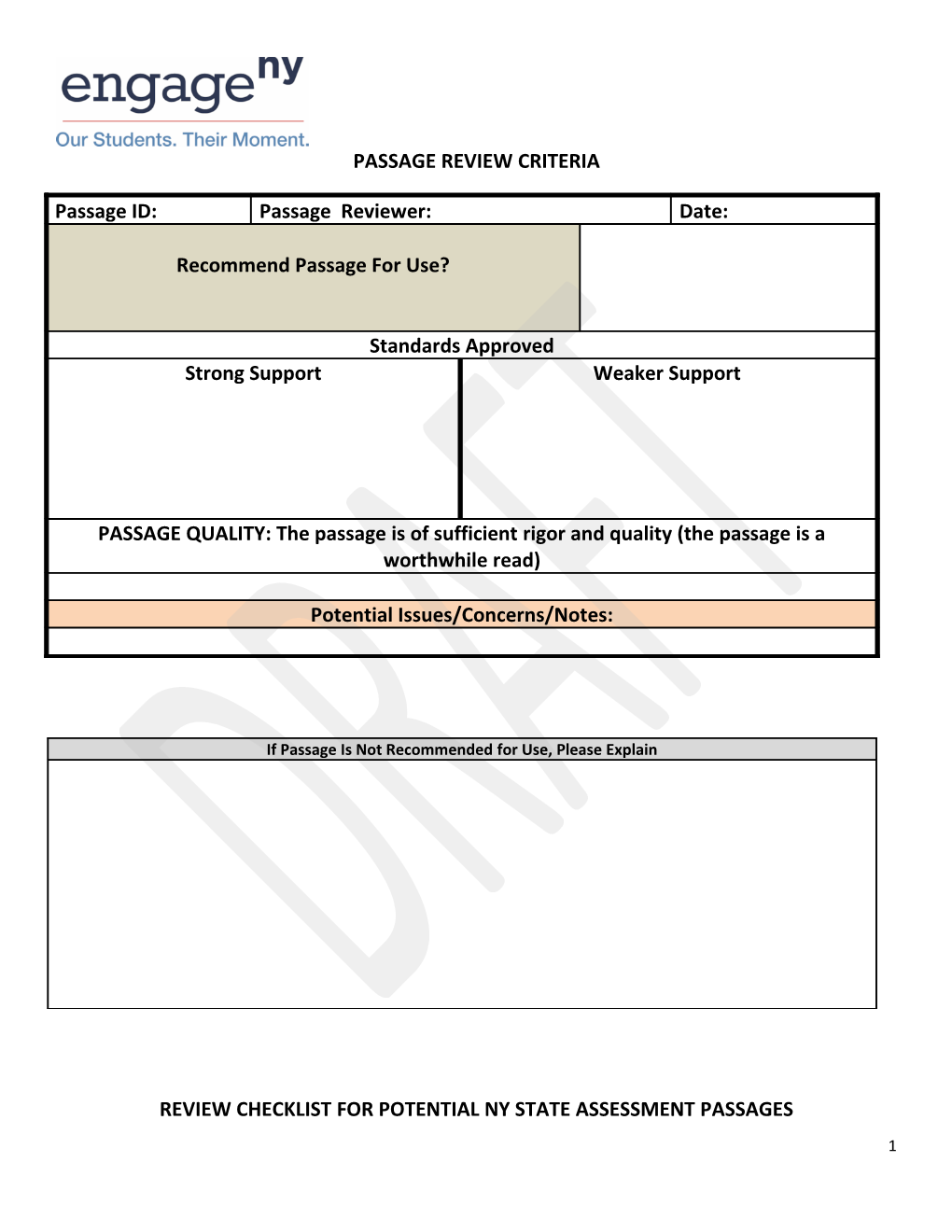 Review Checklist for Potential Ny State Assessment Passages