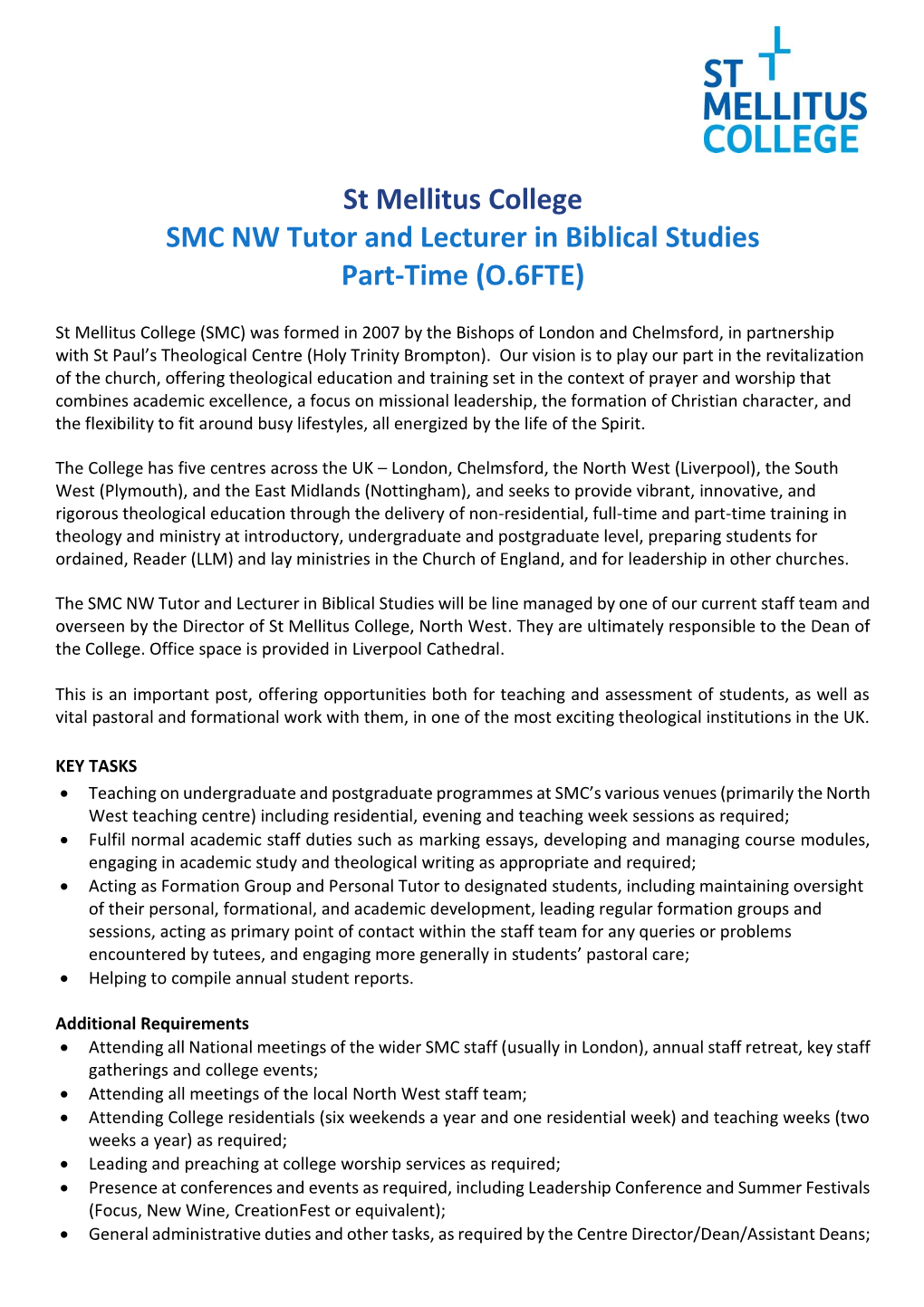 St Mellitus College SMC NW Tutor and Lecturer in Biblical Studies Part-Time (O.6FTE)