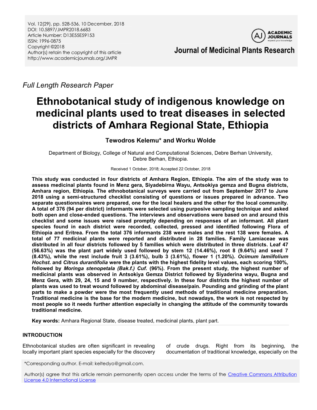 Ethnobotanical Study of Indigenous Knowledge on Medicinal Plants Used to Treat Diseases in Selected Districts of Amhara Regional State, Ethiopia