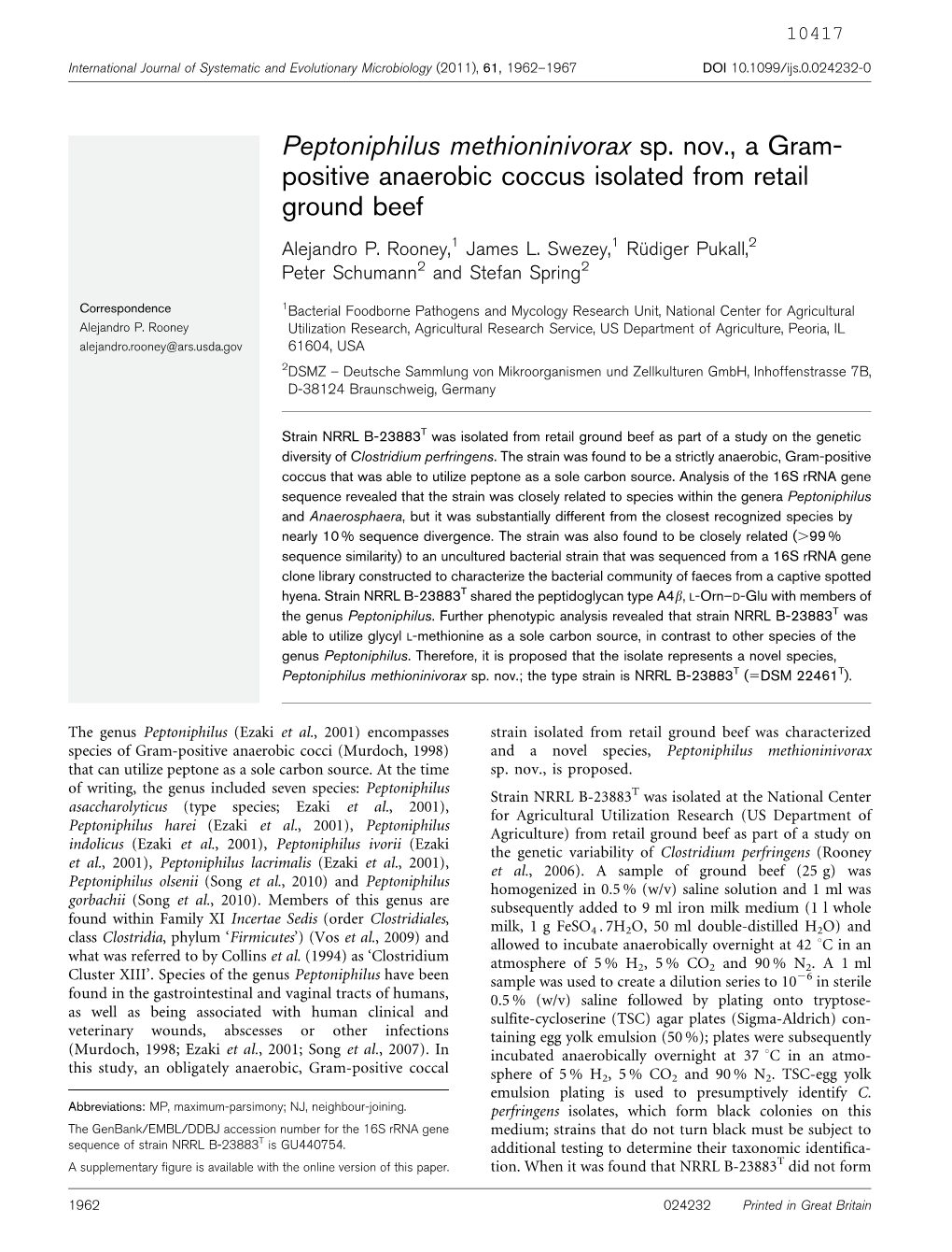 Peptoniphilus Methioninivorax Sp. Nov., a Gram- Positive Anaerobic Coccus Isolated from Retail Ground Beef