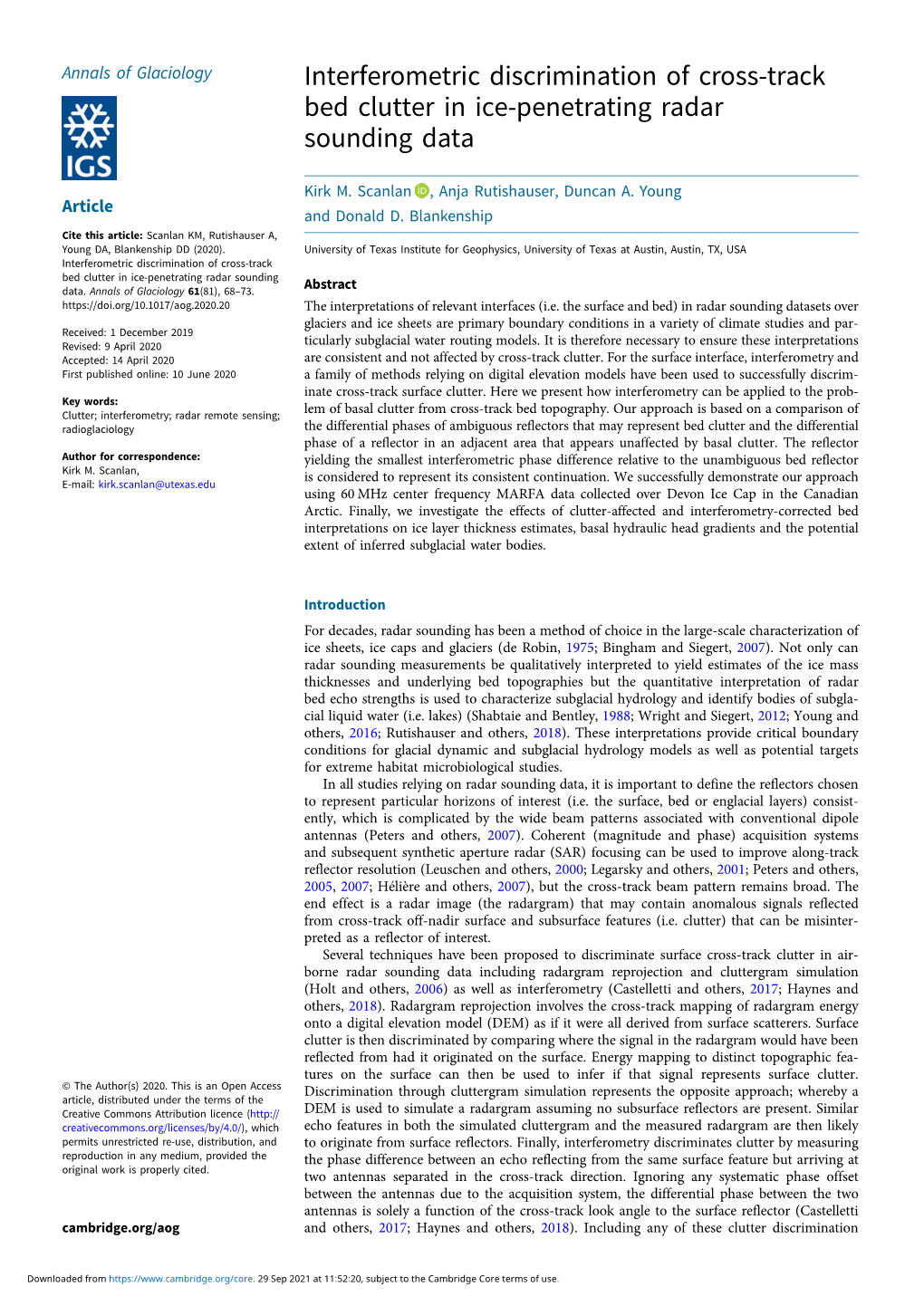 Interferometric Discrimination of Cross-Track Bed Clutter in Ice-Penetrating Radar Sounding Data