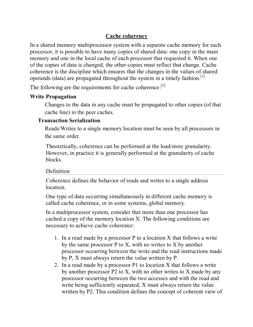 Cache Coherency in a Shared Memory Multiprocessor System with A