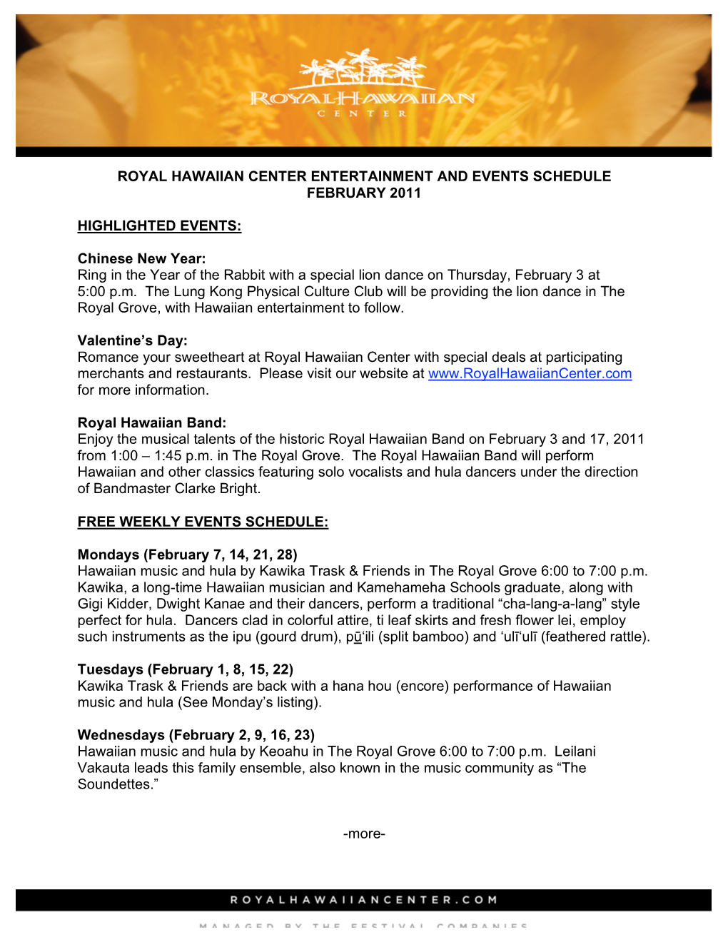 Royal Hawaiian Center Entertainment and Events Schedule February 2011