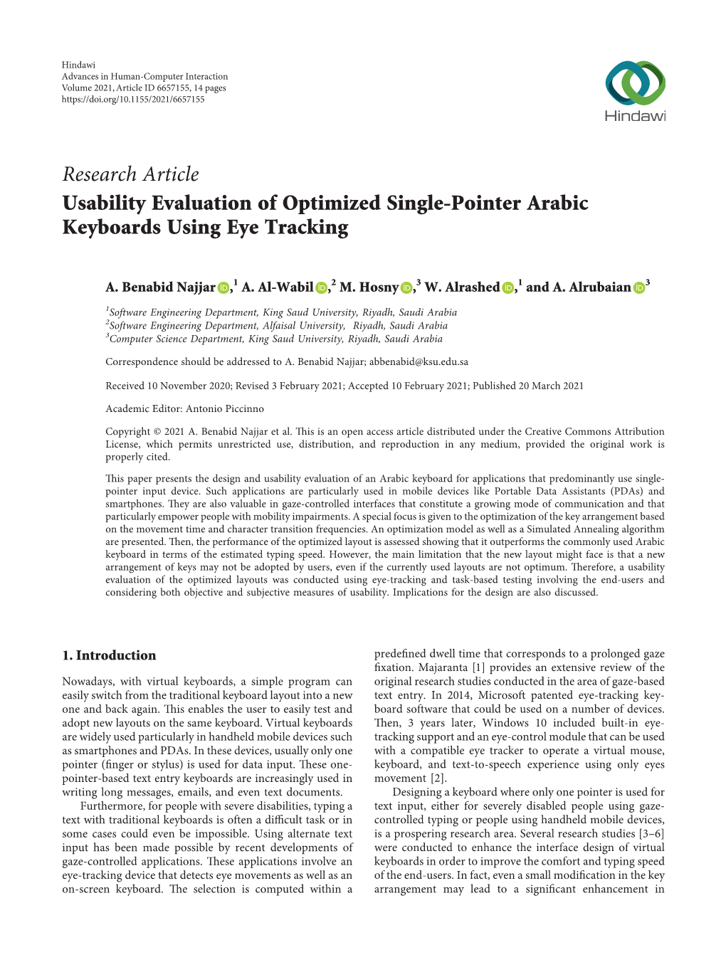 Usability Evaluation of Optimized Single-Pointer Arabic Keyboards Using Eye Tracking