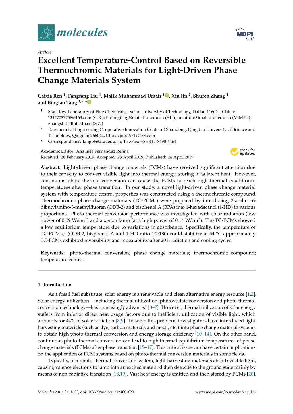 Excellent Temperature-Control Based on Reversible Thermochromic Materials for Light-Driven Phase Change Materials System