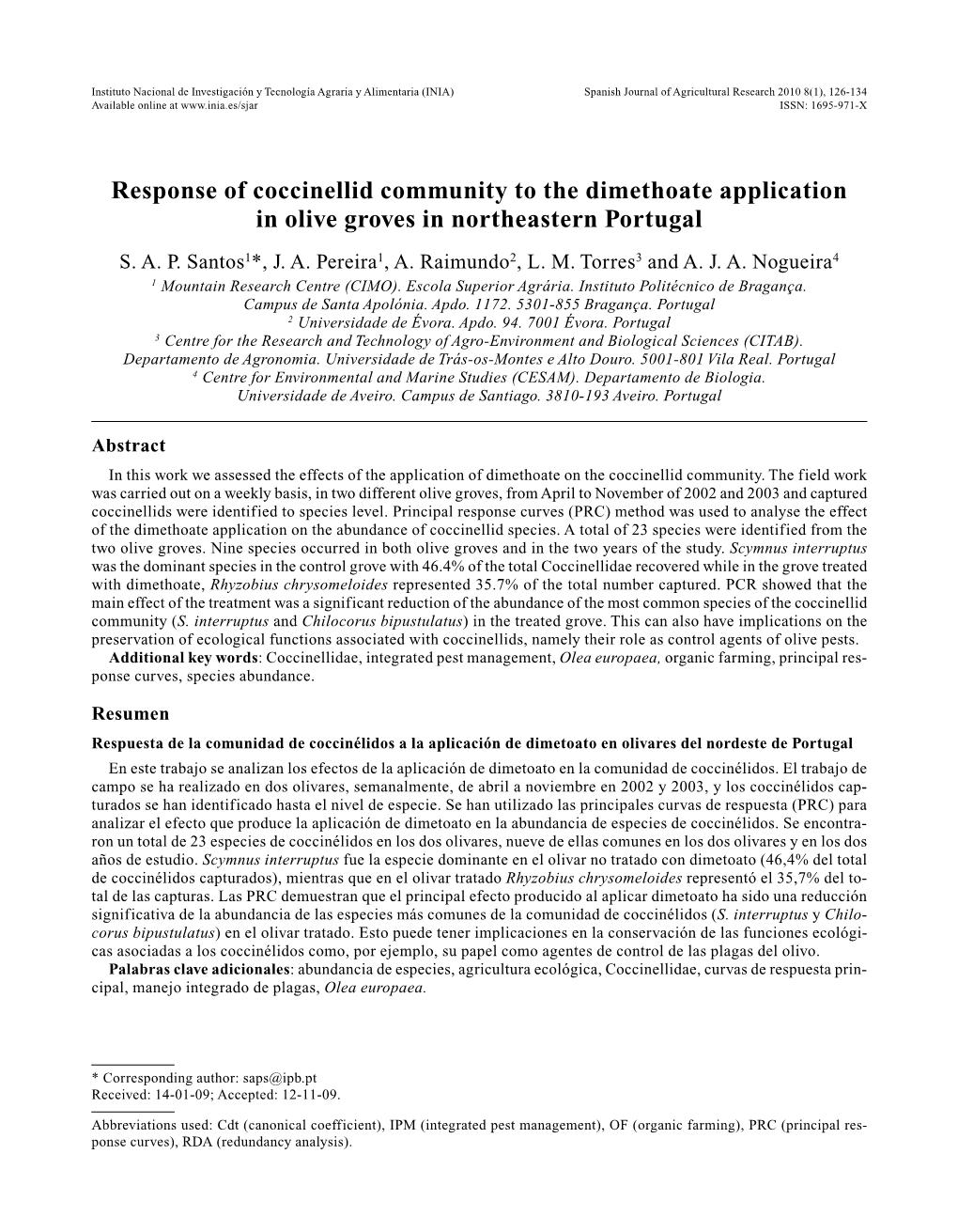 Response of Coccinellid Community to the Dimethoate Application in Olive Groves in Northeastern Portugal S