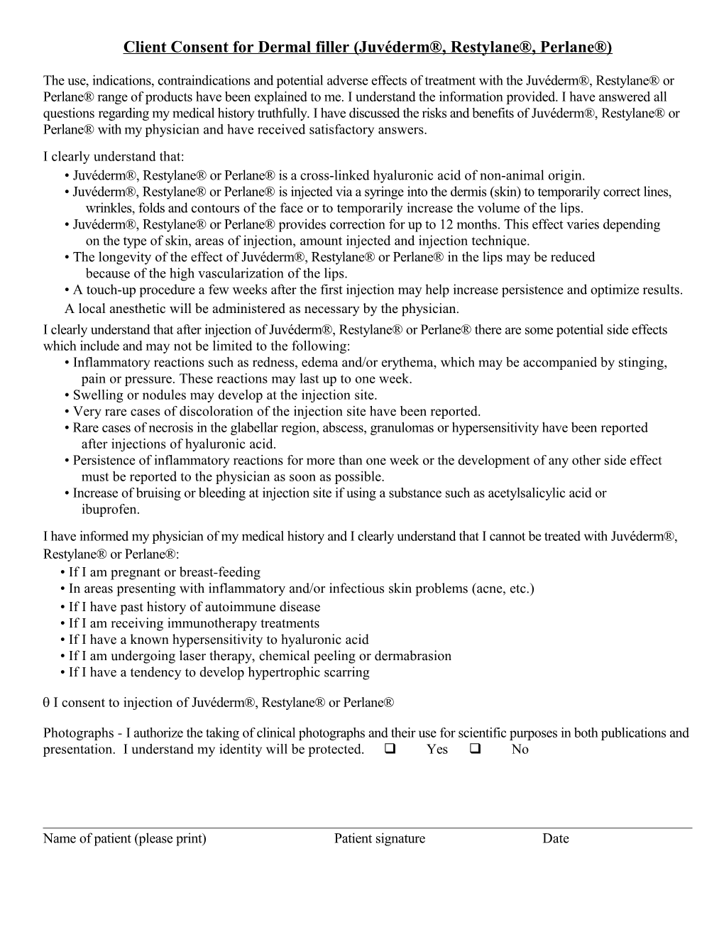 Client Consent for Dermal Filler (Juvéderm , Restylane , Perlane )