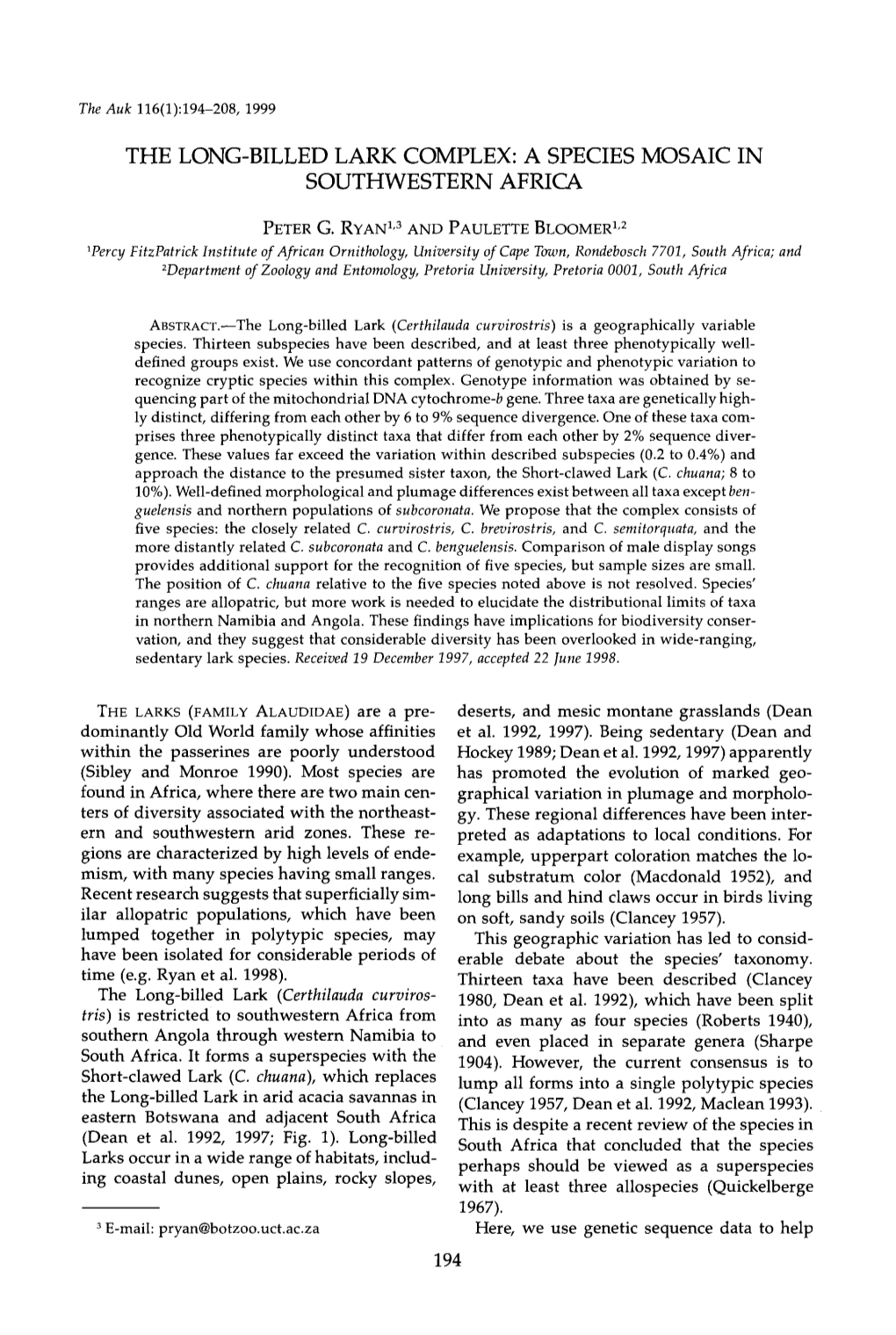 The Long-Billed Lark Complex: a Species Mosaic in Southwestern Africa