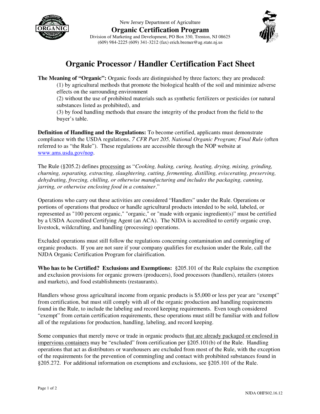 Organic Processor / Handler Certification Fact Sheet