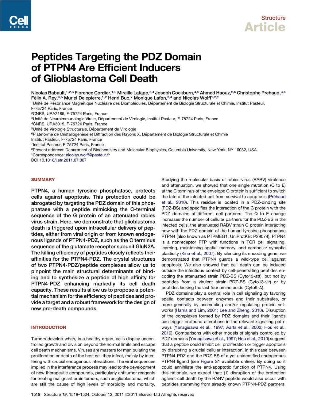 Peptides Targeting the PDZ Domain of PTPN4 Are Efficient Inducers of Glioblastoma Cell Death