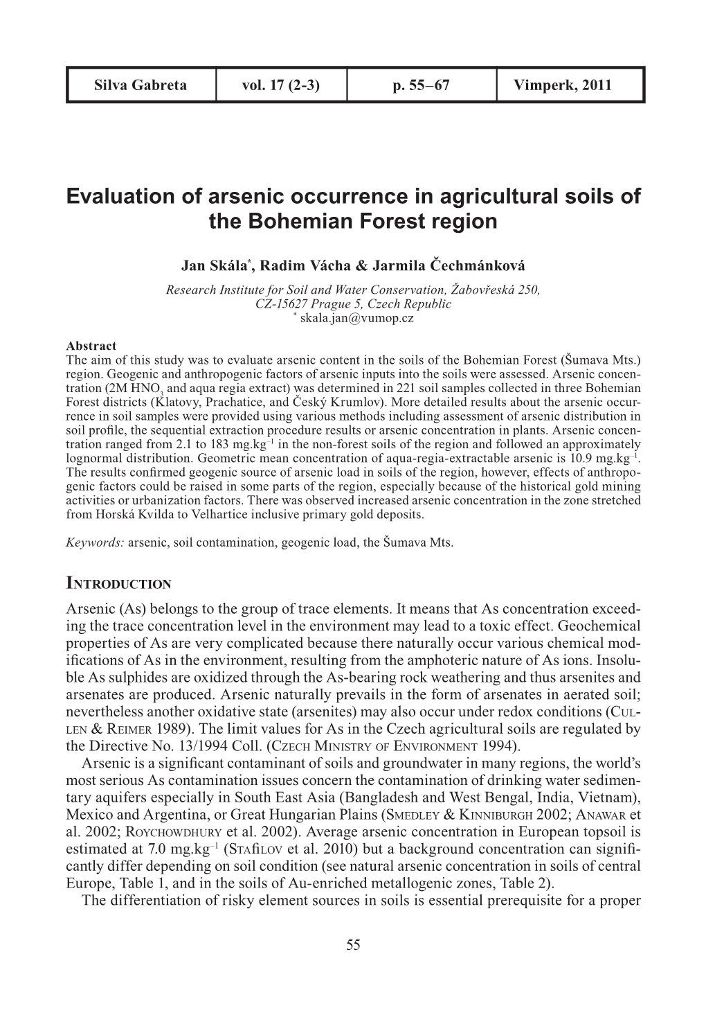 Evaluation of Arsenic Occurrence in Agricultural Soils of the Bohemian Forest Region