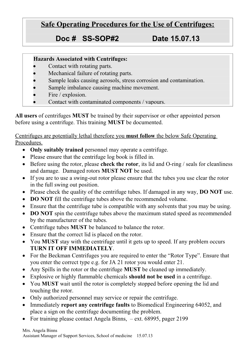 Safe Operating Procedures for the Use of Centrifuges