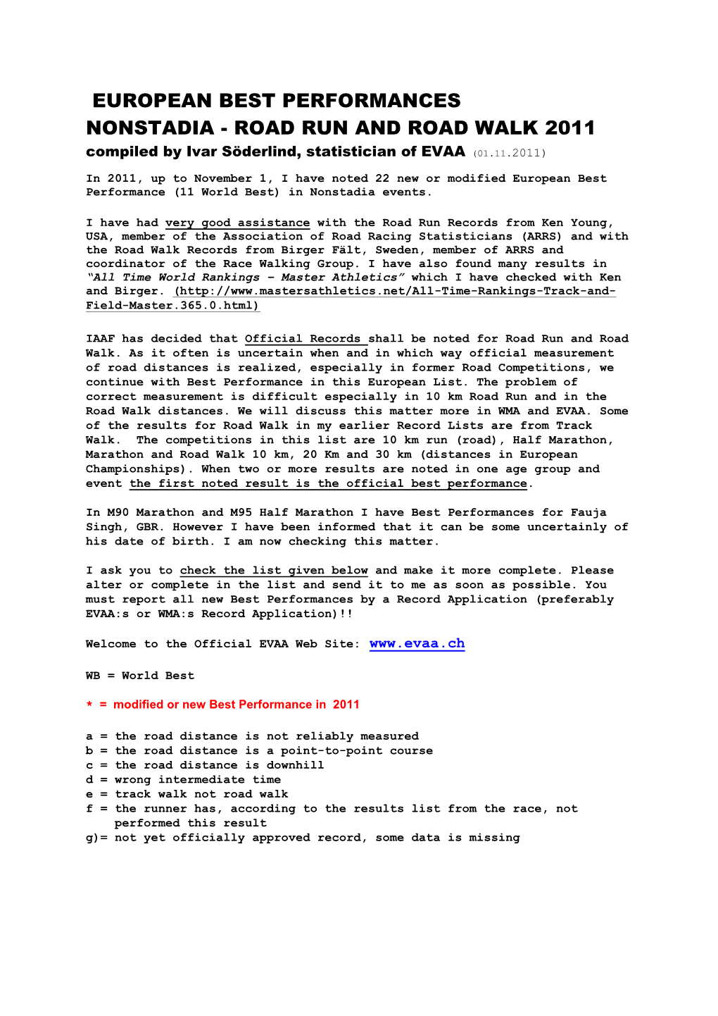 EUROPEAN BEST PERFORMANCES NONSTADIA - ROAD RUN and ROAD WALK 2011 Compiled by Ivar Söderlind, Statistician of EVAA (01.11.2011)
