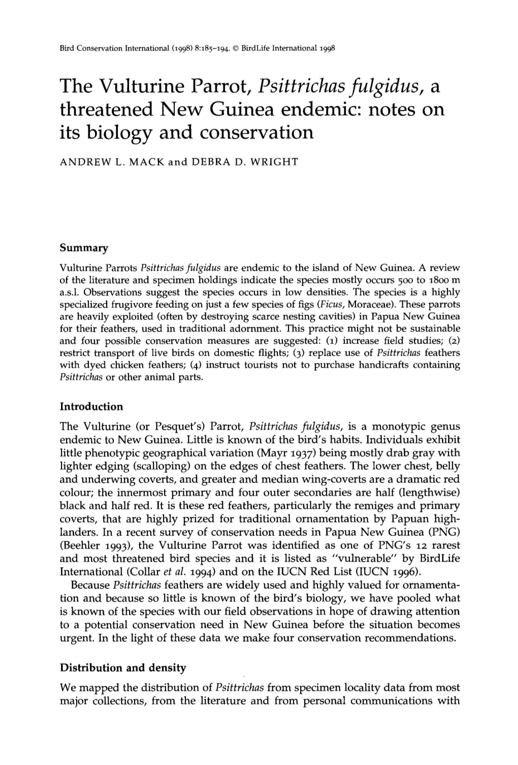 The Vulturine Parrot, Psittrichas Fulgidus, a Threatened New Guinea Endemic: Notes on Its Biology and Conservation