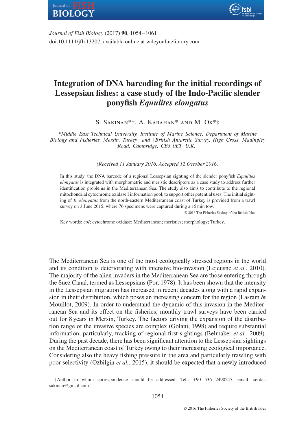 Integration of DNA Barcoding for the Initial Recordings of Lessepsian Fishes: a Case Study of the Indo-Pacific Slender Ponyfish Equulites Elongatus