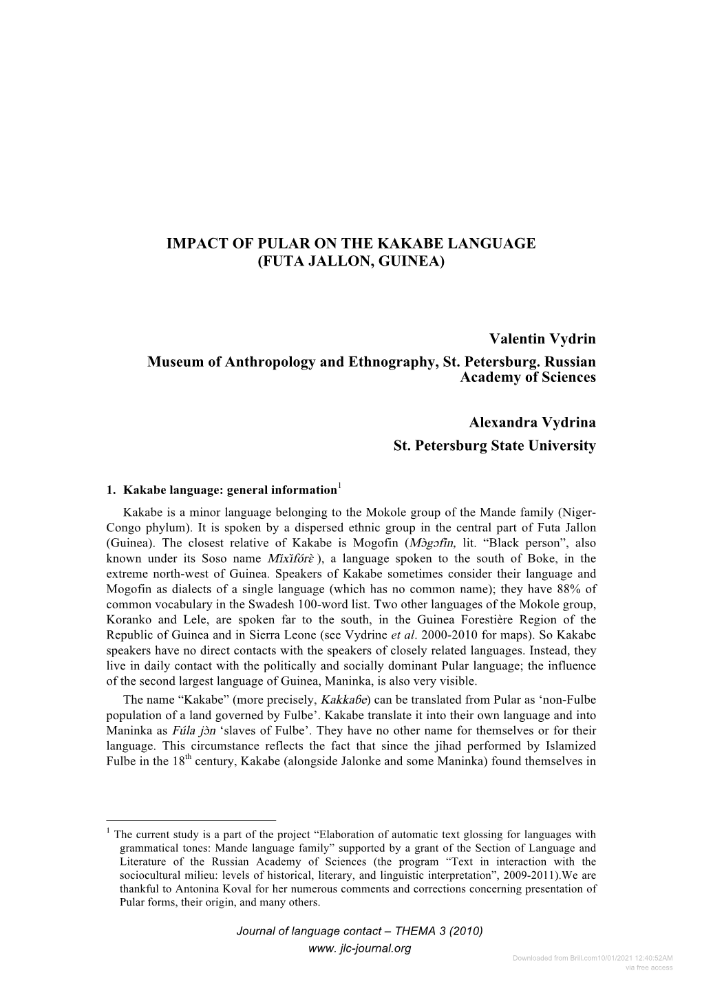 Impact of Pular on the Kakabe Language (Futa Jallon, Guinea)