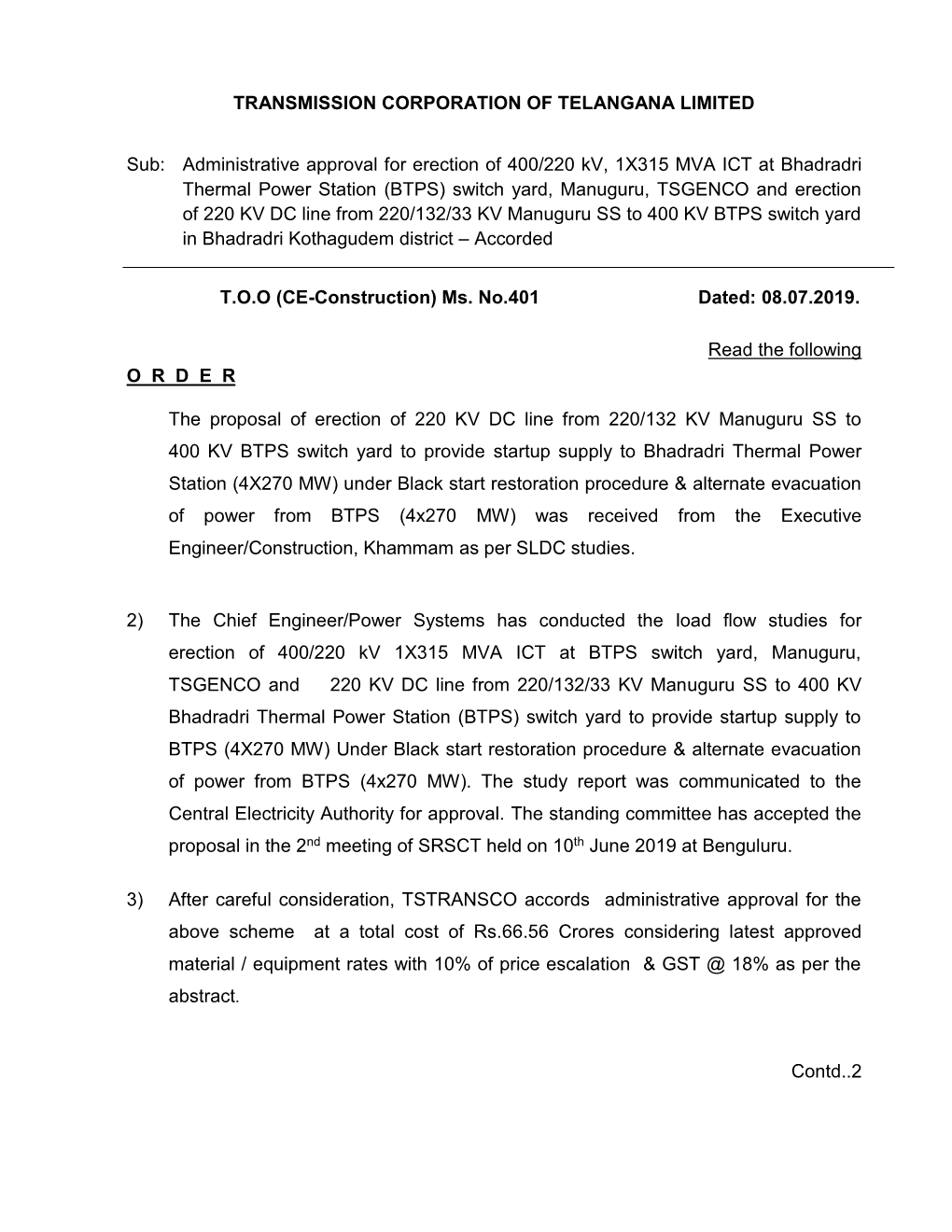 TRANSMISSION CORPORATION of TELANGANA LIMITED Sub