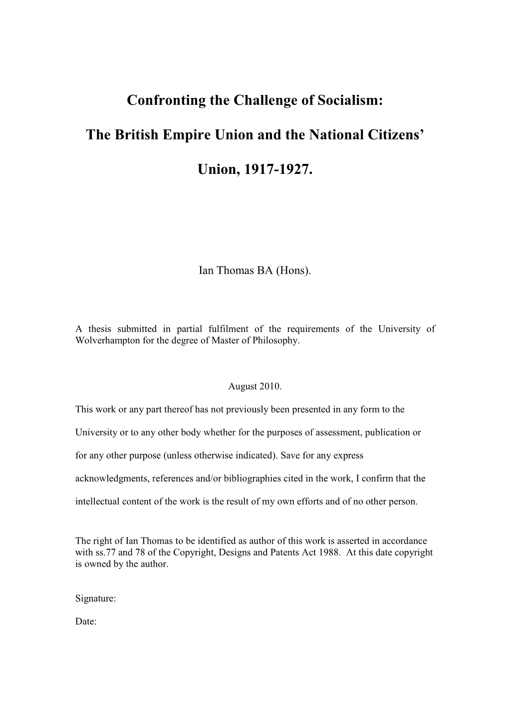 The British Empire Union and the National Citizens' Union, 1917-1927