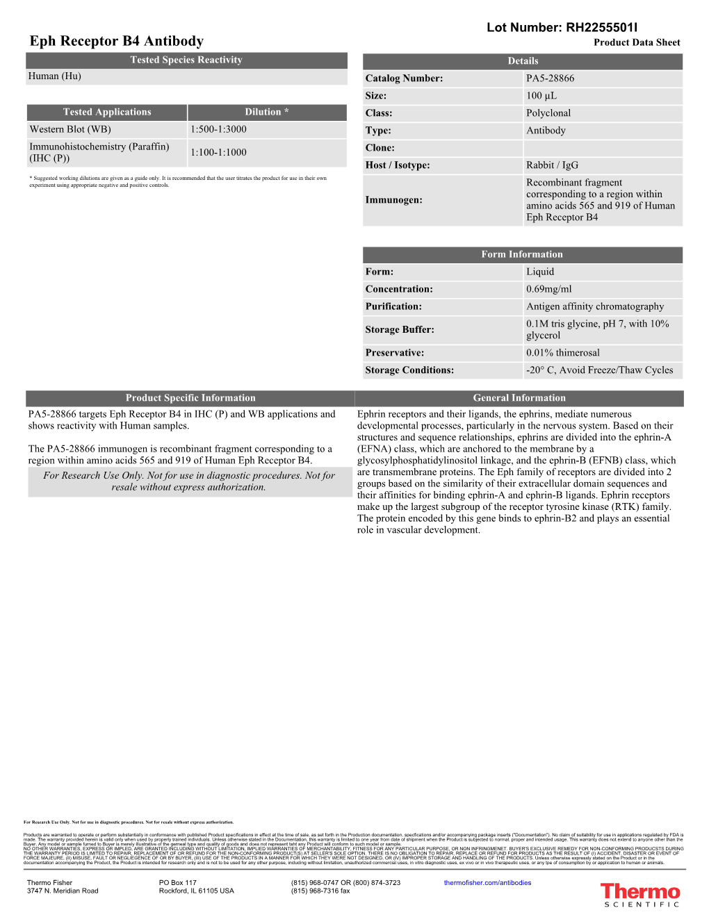 Eph Receptor B4 Antibody Product Data Sheet Tested Species Reactivity Details Human (Hu) Catalog Number: PA5-28866