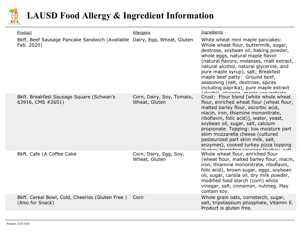 LAUSD Food Allergy & Ingredient Information