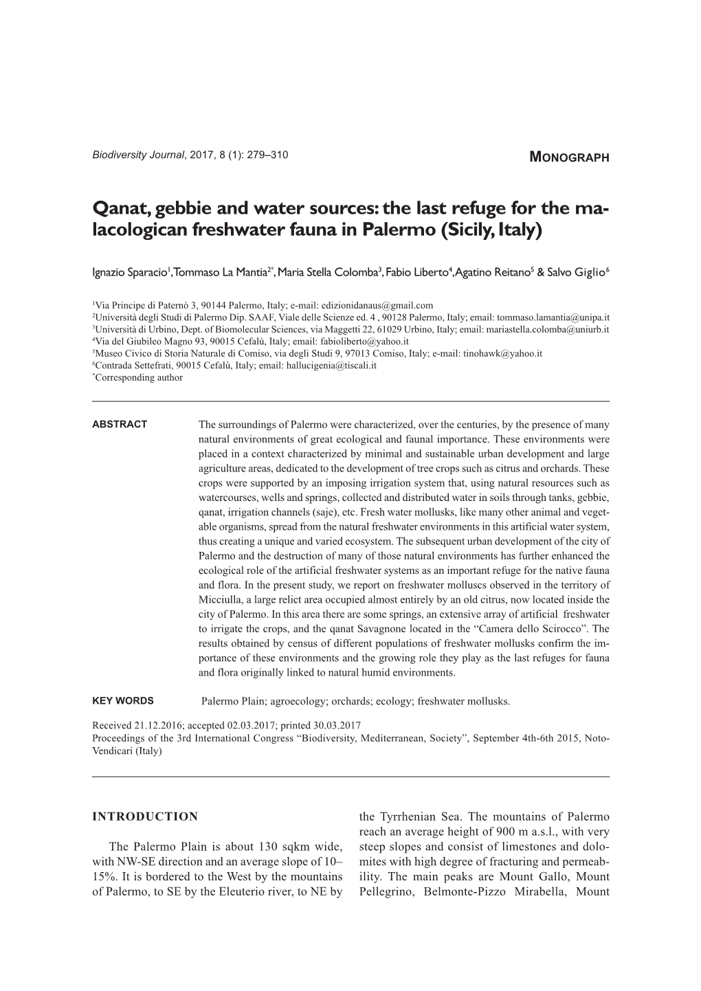 Qanat, Gebbie and Water Sources: the Last Refuge for the Ma- Lacologican Freshwater Fauna in Palermo (Sicily, Italy)