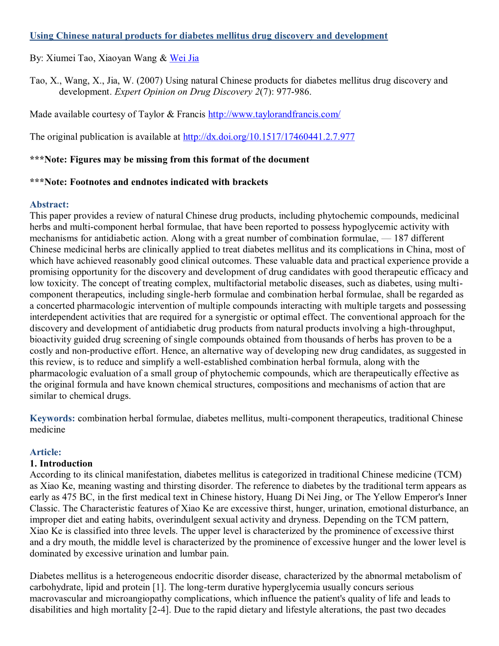 Using Chinese Natural Products for Diabetes Mellitus Drug Discovery and Development