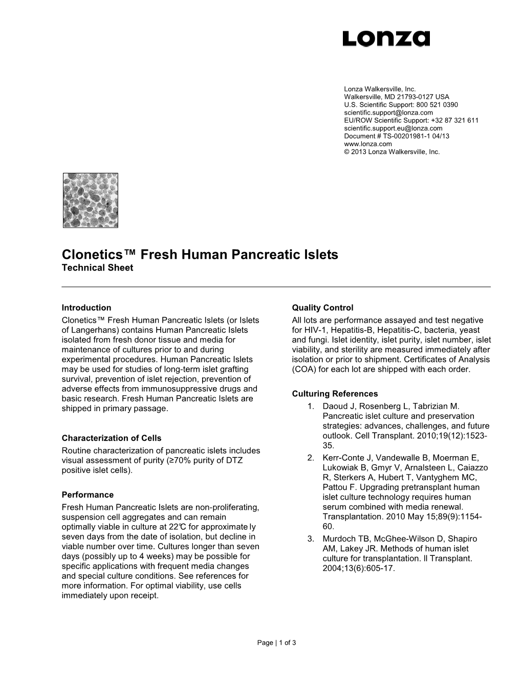 Clonetics™ Fresh Human Pancreatic Islets Technical Sheet