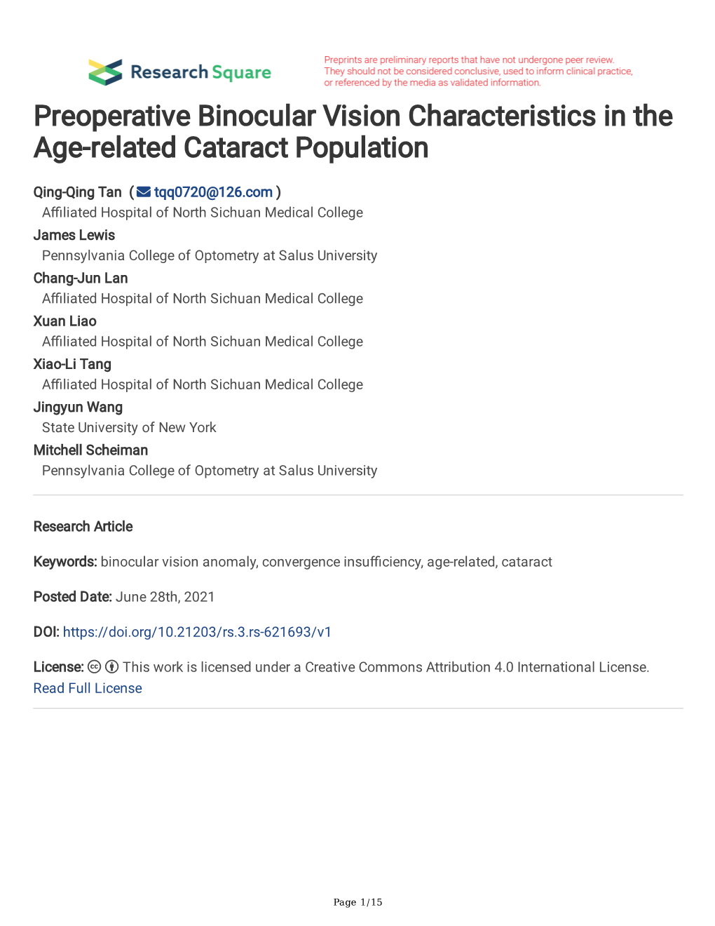 Preoperative Binocular Vision Characteristics in the Age-Related Cataract Population