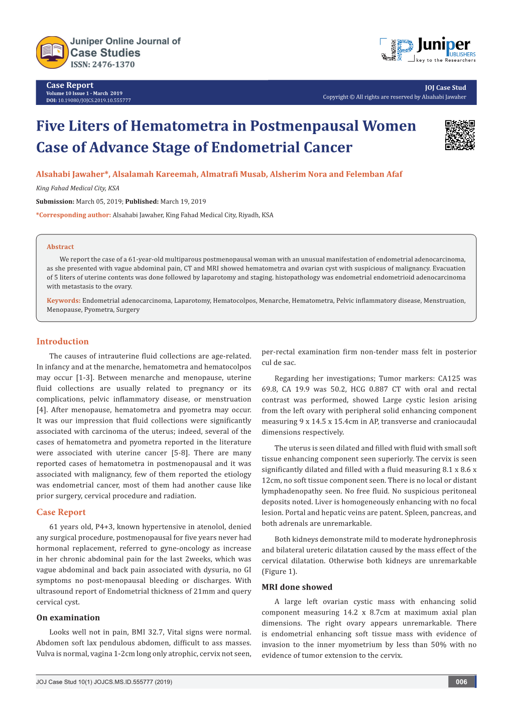 Five Liters of Hematometra in Postmenpausal Women Case of Advance Stage of Endometrial Cancer