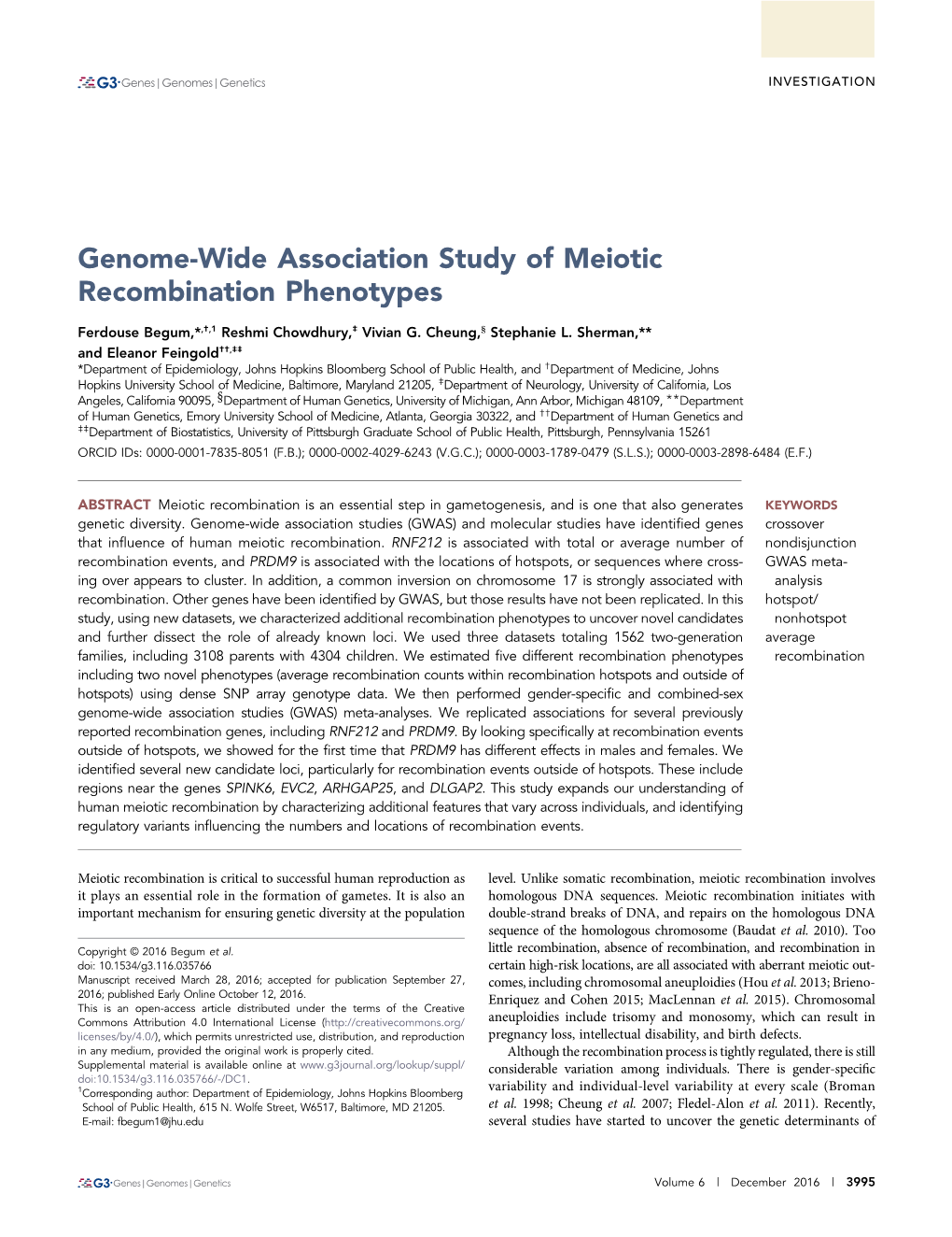 Genome-Wide Association Study of Meiotic Recombination Phenotypes
