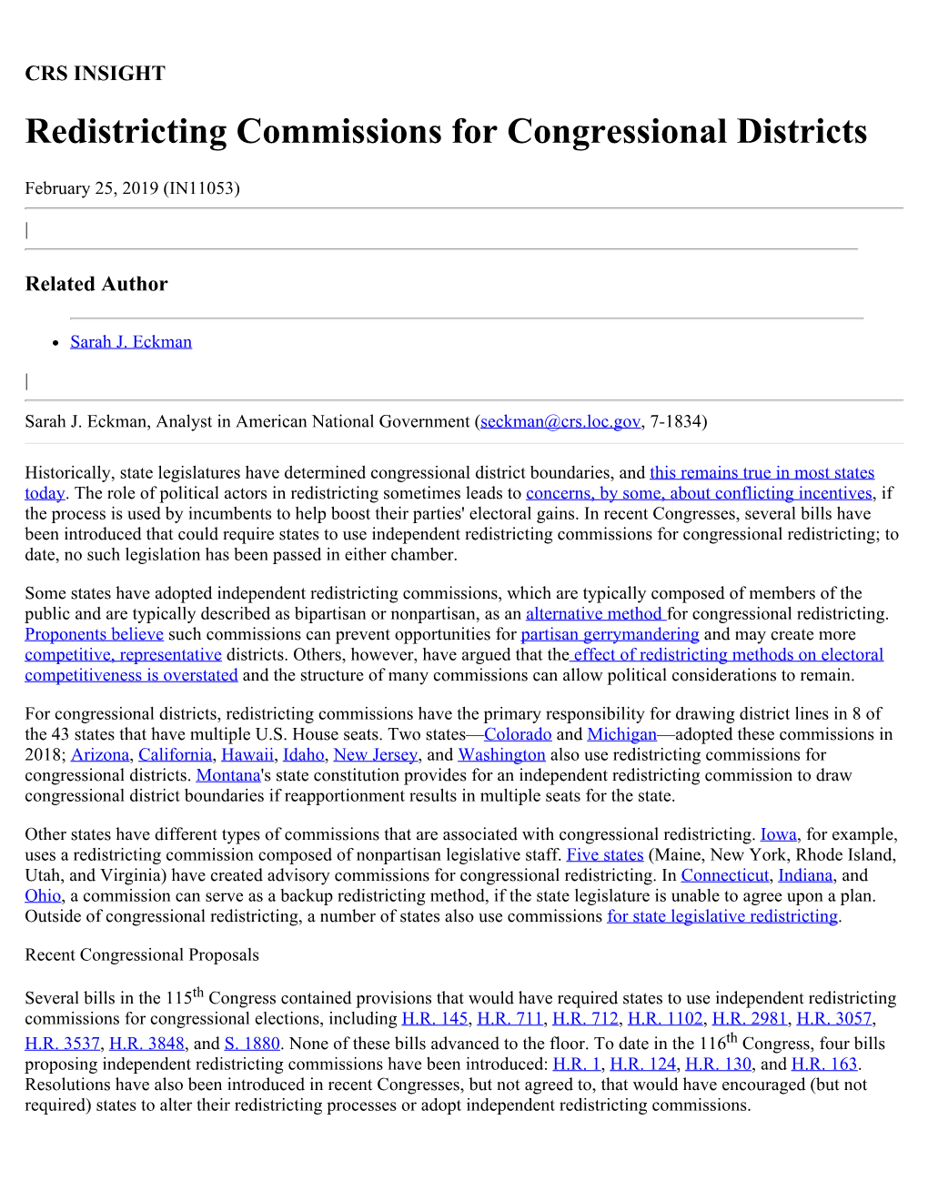 Redistricting Commissions for Congressional Districts