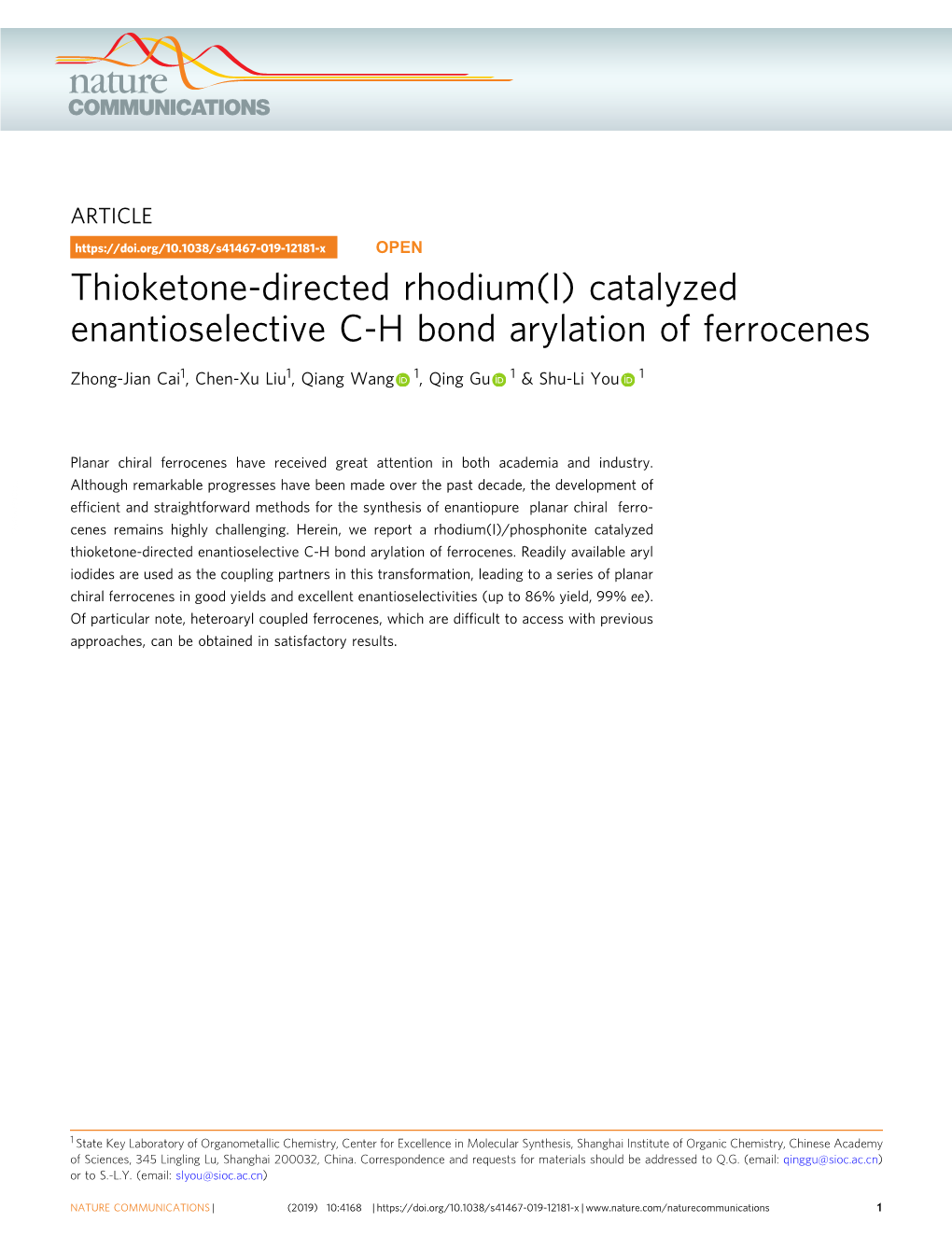 Thioketone-Directed Rhodium(I) Catalyzed Enantioselective C-H Bond Arylation of Ferrocenes