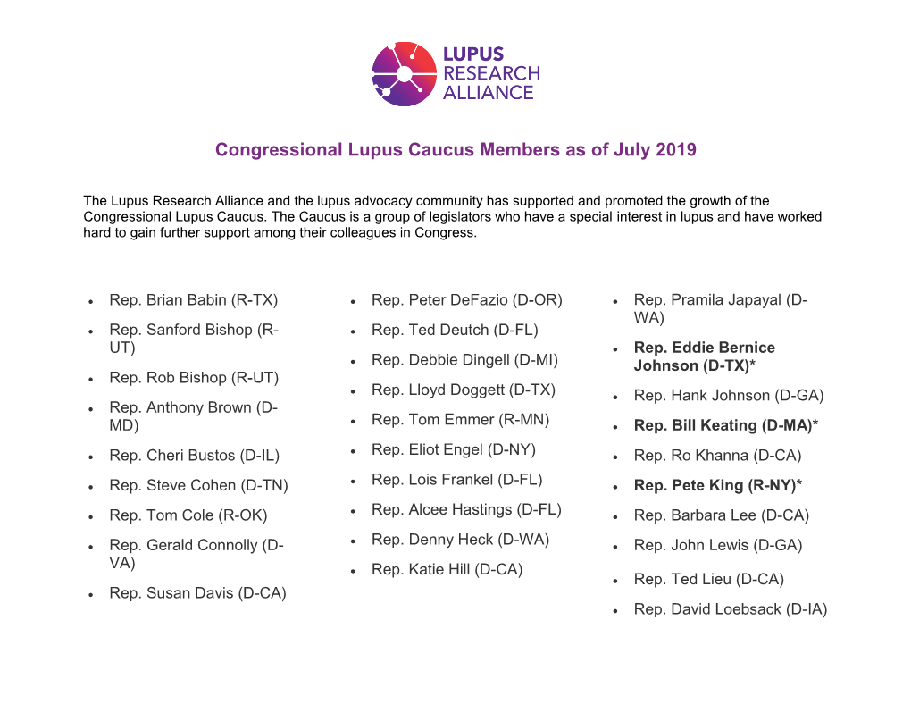 Congressional Lupus Caucus Members As of July 2019