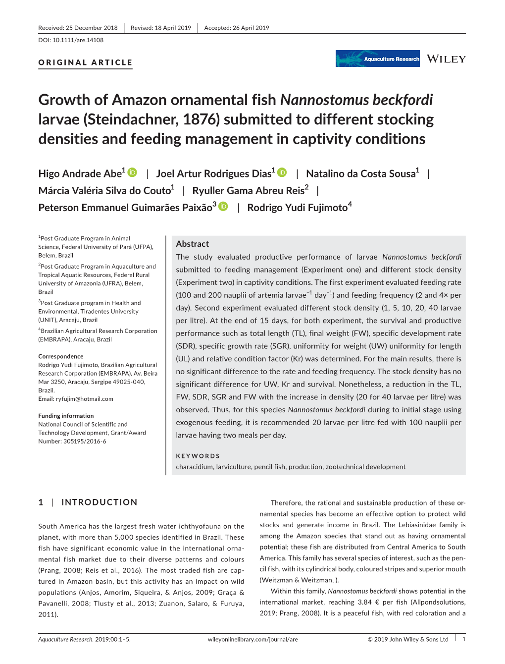 Growth of Amazon Ornamental Fish Nannostomus Beckfordi Larvae (Steindachner, 1876) Submitted to Different Stocking Densities